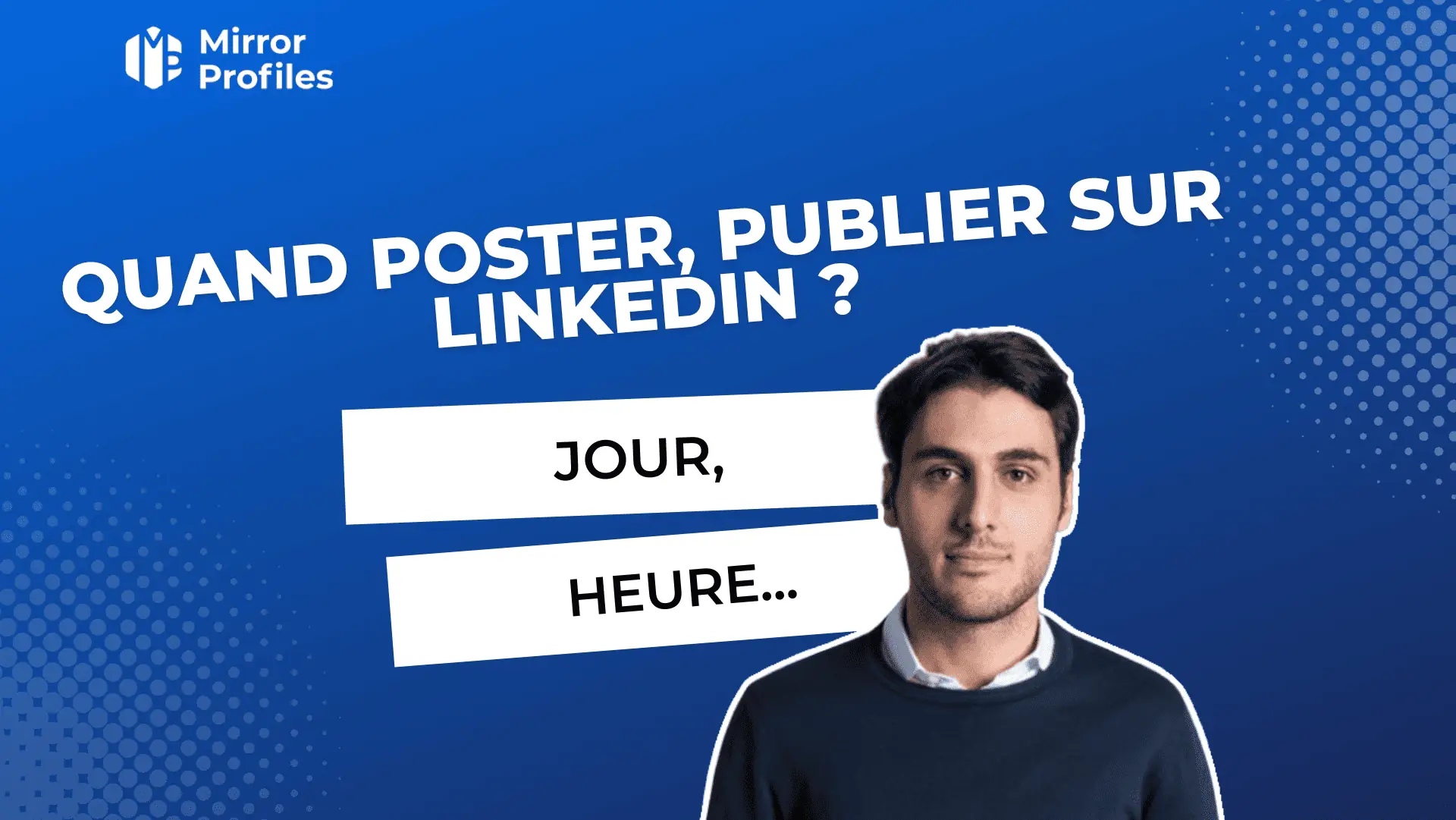 A man is standing in front of a blue background with the words 'quad poster publisher sur internationalize Linkedin prospecting'.
