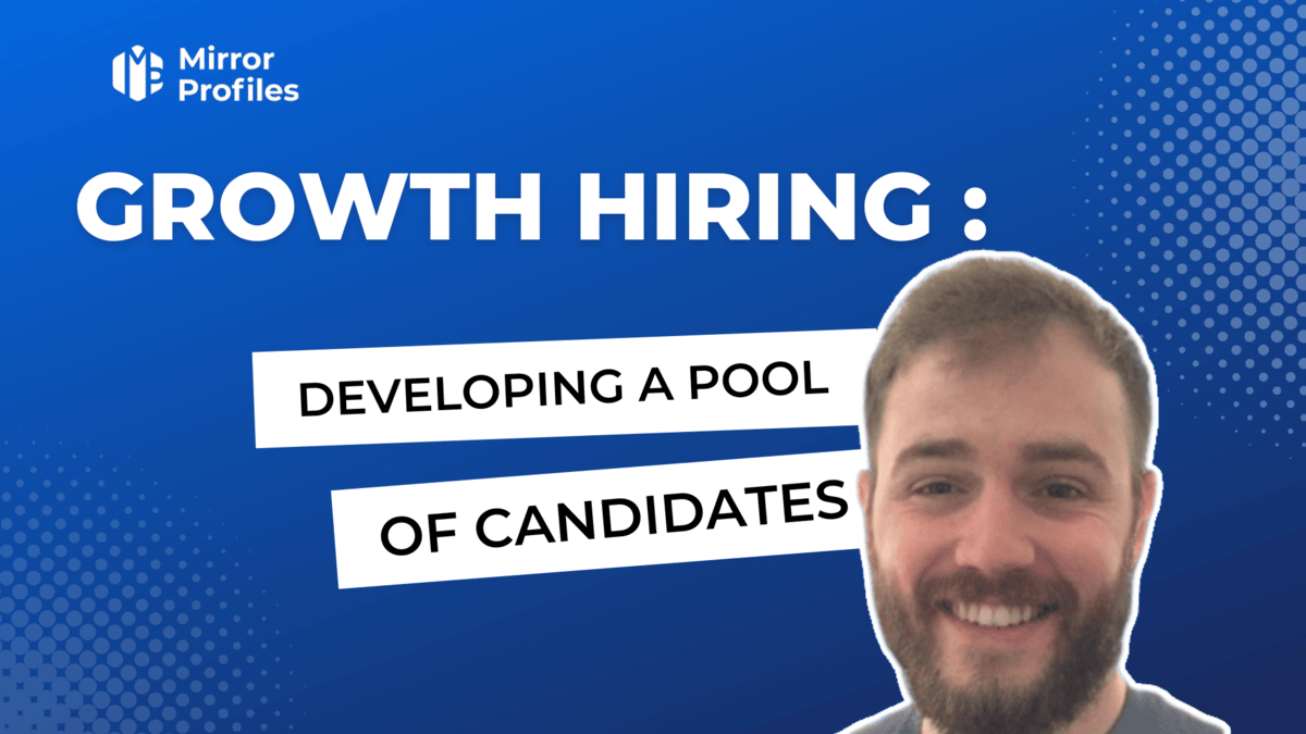 Image with blue background text: "GROWTH HIRING: Alimenter vivier candidat." A smiling person is shown in the foreground, embodying the spirit of building a diverse talent pool.