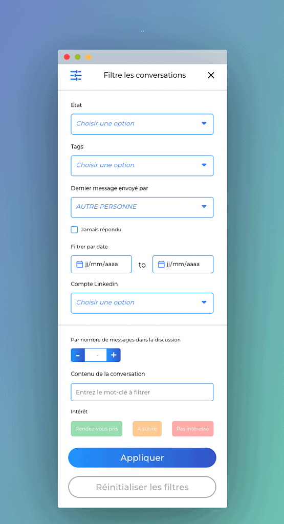 Interface de filtrage de MirrorChat