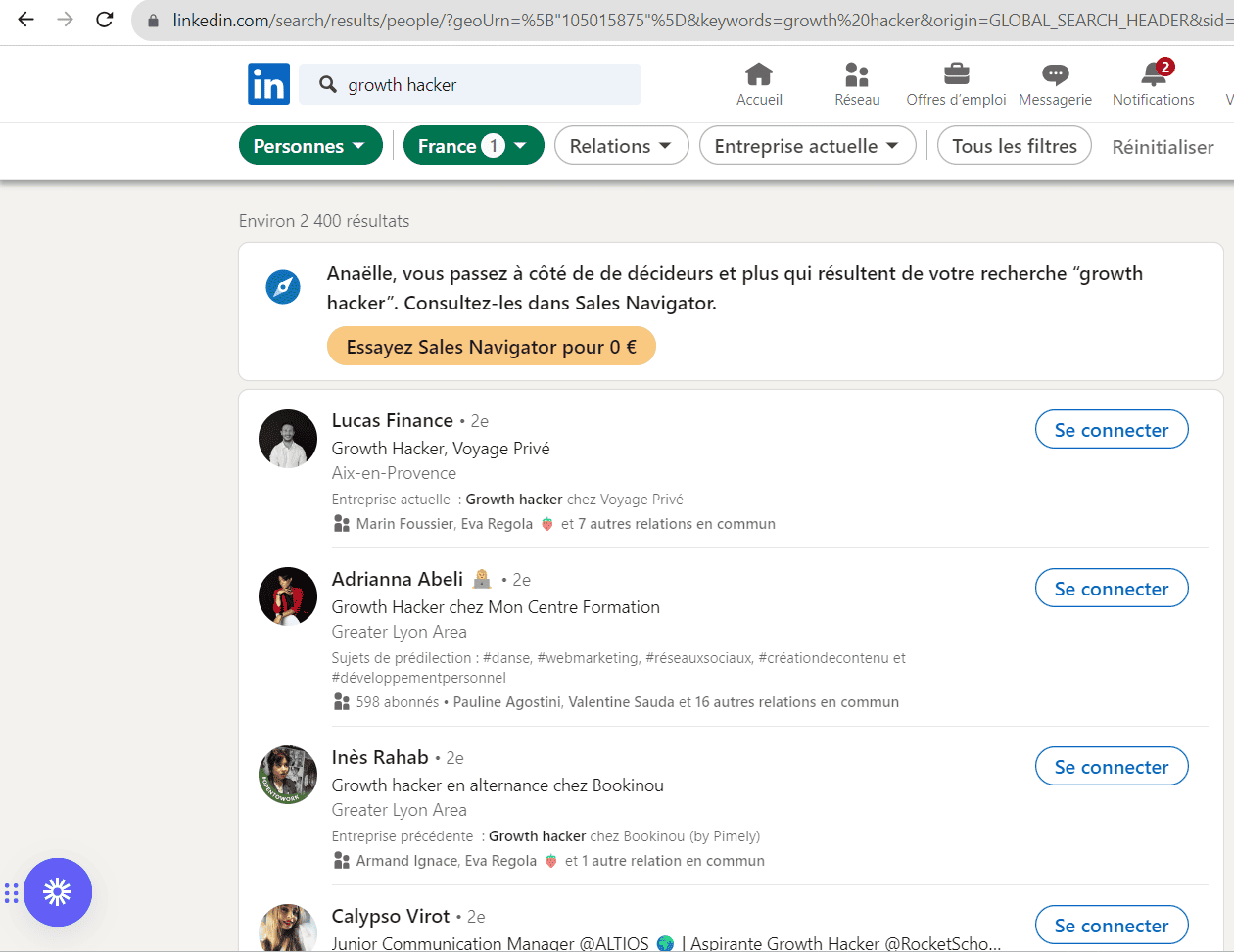 Filtered linkedIn search