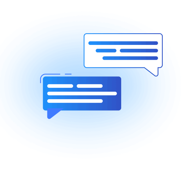 Deux bulles avec des lignes de texte à l'intérieur d'un cercle bleu, symbolisant un concept de communication ou de messagerie.