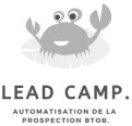 A grayscale logo featuring a cartoon crab with the text "lead camp." and the french slogan "autorisation de la pénétration prol." below it.