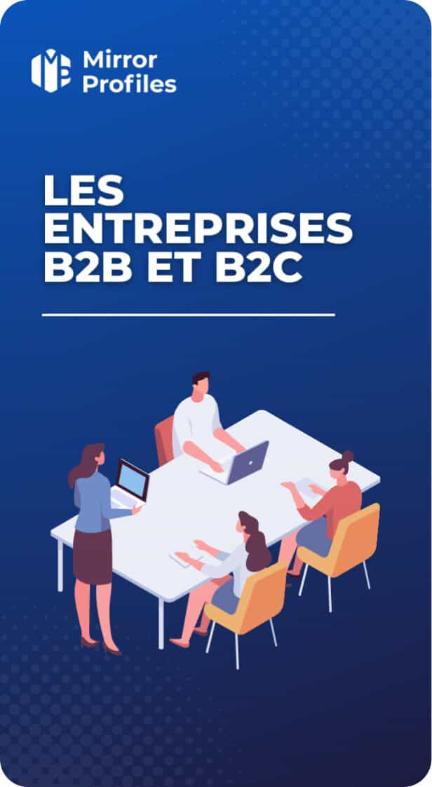 Graphic depicting a business meeting with four individuals around a table, labeled "les entreprises b2b et b2c" by mirror profiles.