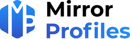 Logo bleu et blanc avec les lettres « MF » conçues dans une forme géométrique à côté du mot « Profiles ».