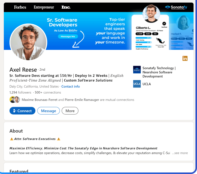 LinkedIn profile for Axel Reese, senior software developer. Features professional details, work experience, endorsements and education. Includes a Sonatafy Technology promotional ad.