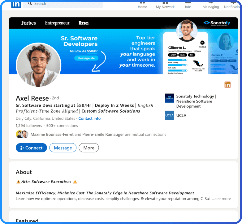 LinkedIn profile for Axel Reese, featuring a Sr. Software Developer ad, contact info, connections, a post by Attn. Software Executives, and a featured section highlighting Maxime Efficiency services.