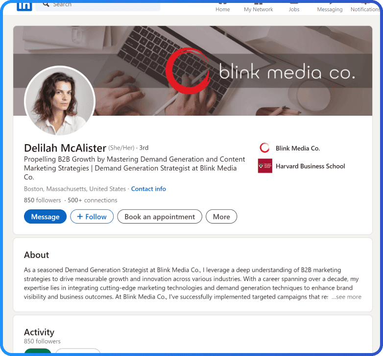 LinkedIn profile screenshot of Delilah McAlister, Demand Generation Strategist at Blink Media Co. Features profile details, a message button, and options to book an appointment or more actions.