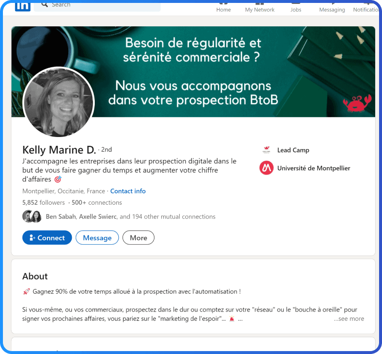 LinkedIn profile of Kelly Marine D., a lead camp with 5,852 followers, promoting services for digital prospecting and sales growth. Contains a background image with a French marketing offer and company logos.