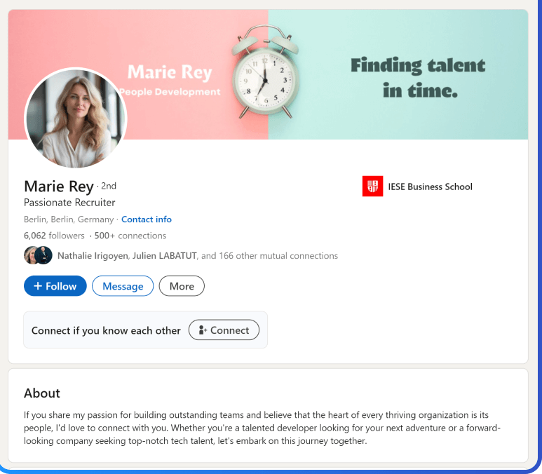 A LinkedIn profile for Marie Rey is a passionate recruiter specializing in People Development based in Berlin, Germany. The profile highlights her education at IESE Business School and her connection options.