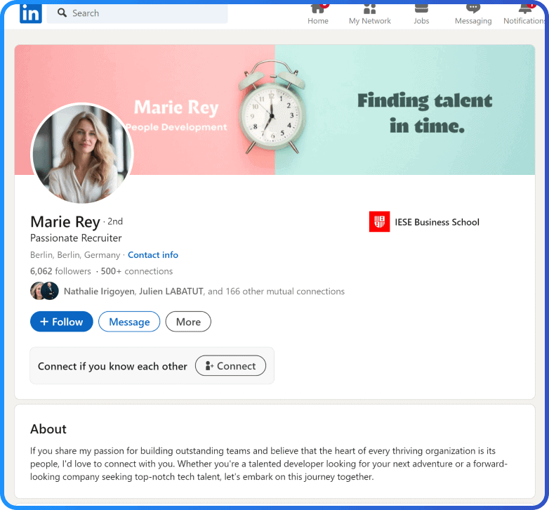 LinkedIn profile page of Marie Rey, a recruiter from Berlin, Germany, emphasizing people development. Background features "Finding talent in time" text and an image of a clock. IESE Business School logo is visible.