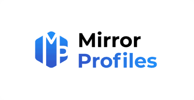 Logo with "Mirror Profiles" text next to a hexagon design featuring the letters "M" and "P" in blue gradient.