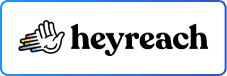 Logo représentant une main stylisée avec des lignes colorées et le texte « heyreach » en noir sur fond blanc avec une bordure bleue.