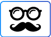 Icône noire de lunettes rondes au-dessus d'une épaisse moustache sur fond blanc avec une bordure bleue.