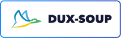 Logo de Dux-Soup comportant un contour stylisé d'un oiseau en bleu, vert et jaune, à côté du texte « DUX-SOUP » en police grasse et foncée.