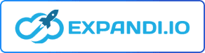 Logo d'EXPANDI.IO avec une fusée bleue dans un nuage.