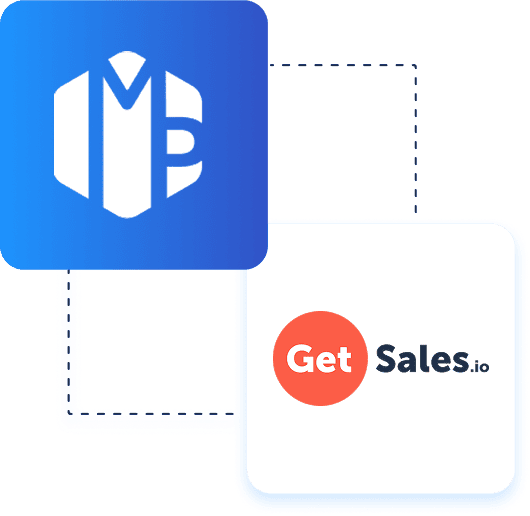 Deux logos reliés par des lignes pointillées : un logo hexagonal bleu « MB » en haut à gauche, et un logo « GetSales.io » avec un cercle rouge et du texte noir en bas à droite.