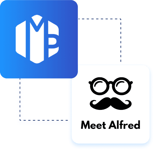 Un carré bleu avec un logo « MB » stylisé blanc est relié à un carré blanc comportant une icône de lunettes et de moustache au-dessus du texte « Meet Alfred ».