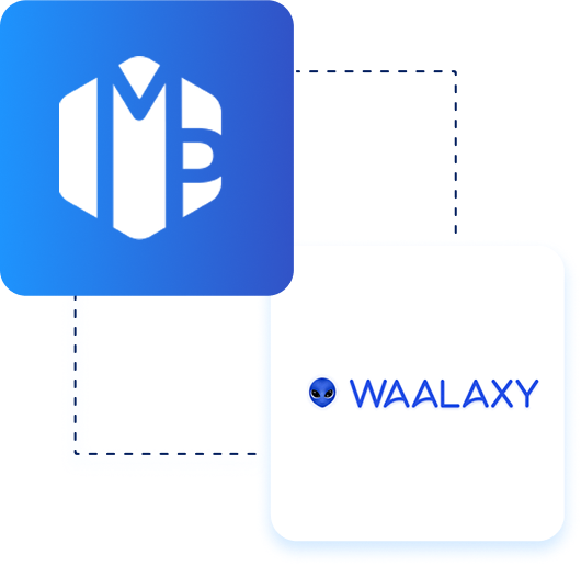 Deux logos sont affichés : le premier présente les lettres « MB » en blanc sur un hexagone bleu, et le second affiche le mot « WAALAXY » avec une icône de visage extraterrestre sur fond blanc.