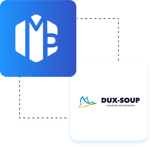 L'icône bleue avec les lettres « MB » chevauche une boîte blanche comportant le logo Dux-Soup et le slogan « accélérer la génération de leads ».