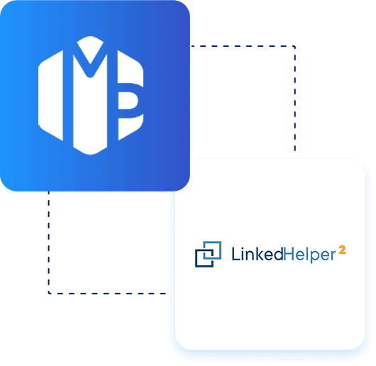 Deux logos côte à côte : le logo Meet Alfred sur fond bleu et le logo Linked Helper 2 sur fond blanc.