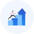 Illustration d'une personne parcourant des graphiques à barres ascendantes avec une flèche pointant vers le haut, symbolisant le progrès ou la croissance.