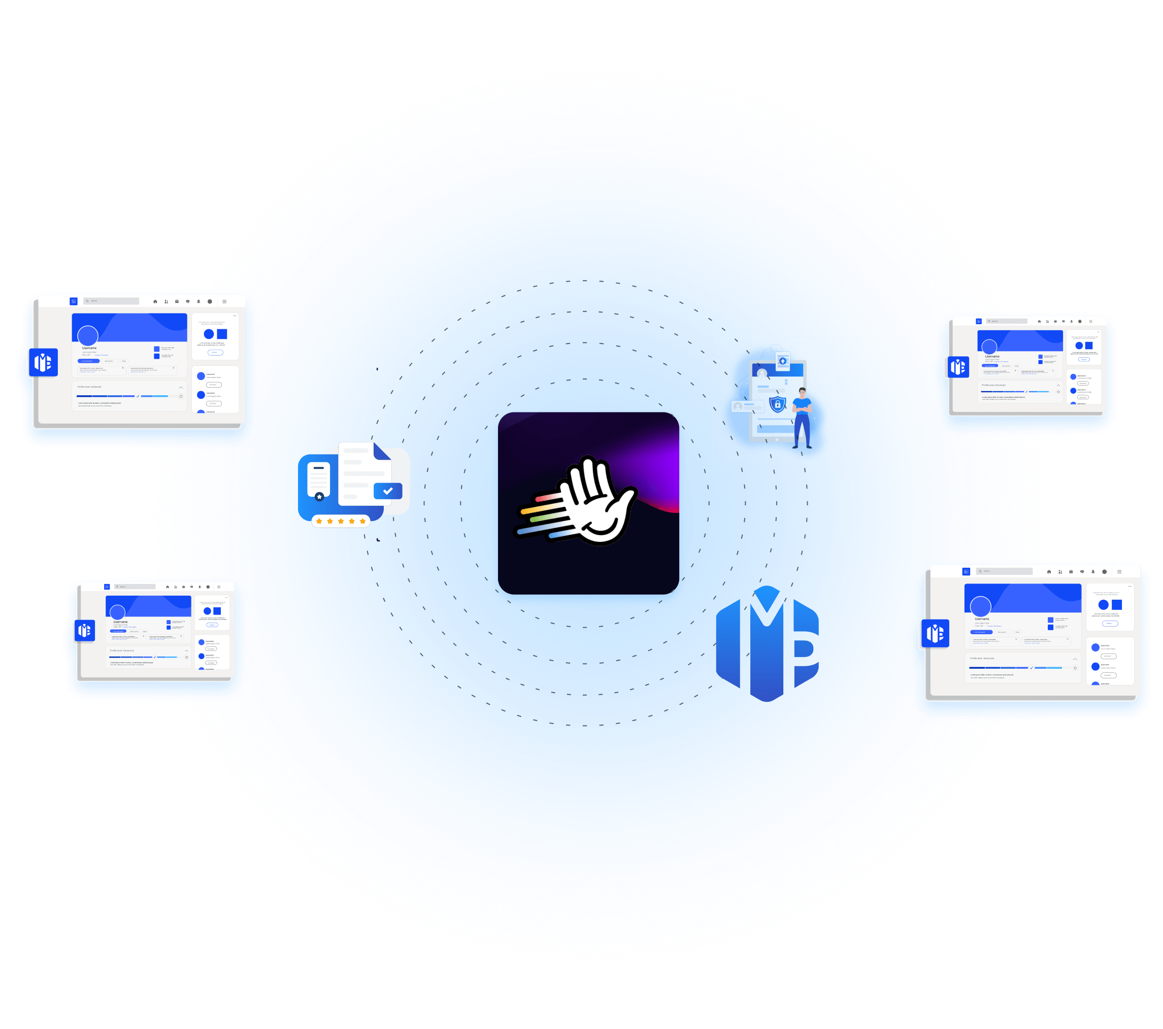 Diagramme avec une icône centrale représentant une main et des écrans environnants montrant des interfaces numériques, des graphiques et un symbole de sécurité sur un fond circulaire bleu.