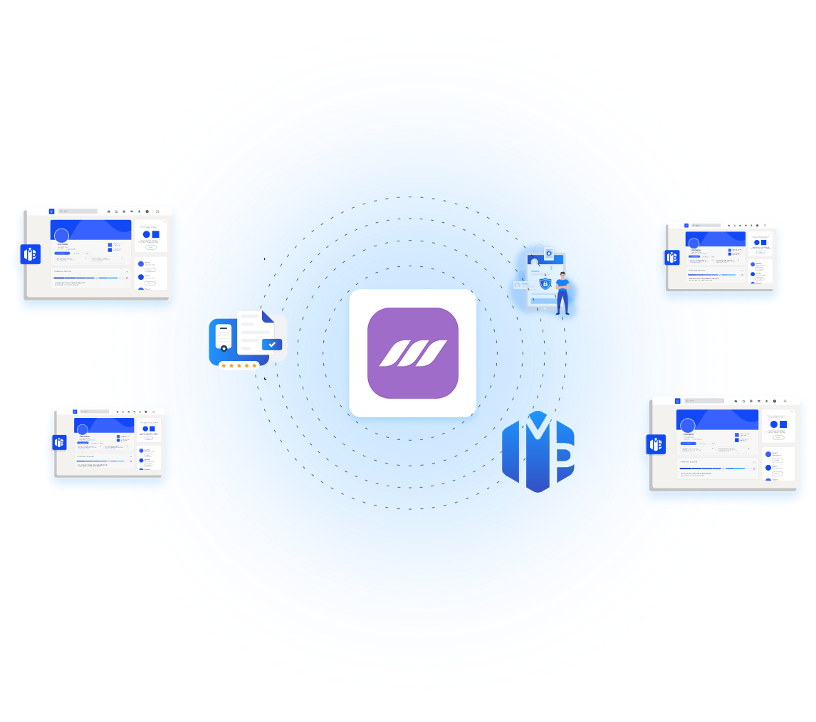 Diagramme avec une icône d'application violette centrale entourée d'écrans numériques, d'un document, d'un profil utilisateur et d'un symbole monétaire, tous reliés par des lignes pointillées sur un fond dégradé circulaire bleu.