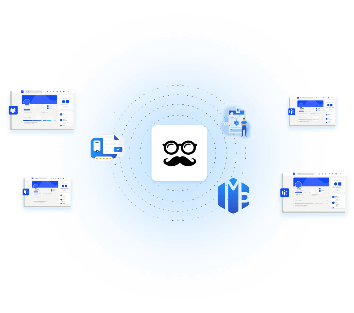 Une icône centrale avec des lunettes et une moustache est entourée d'écrans de profil numériques, de dossiers et d'un symbole de base de données, reliés par des lignes pointillées et des cercles concentriques bleus.