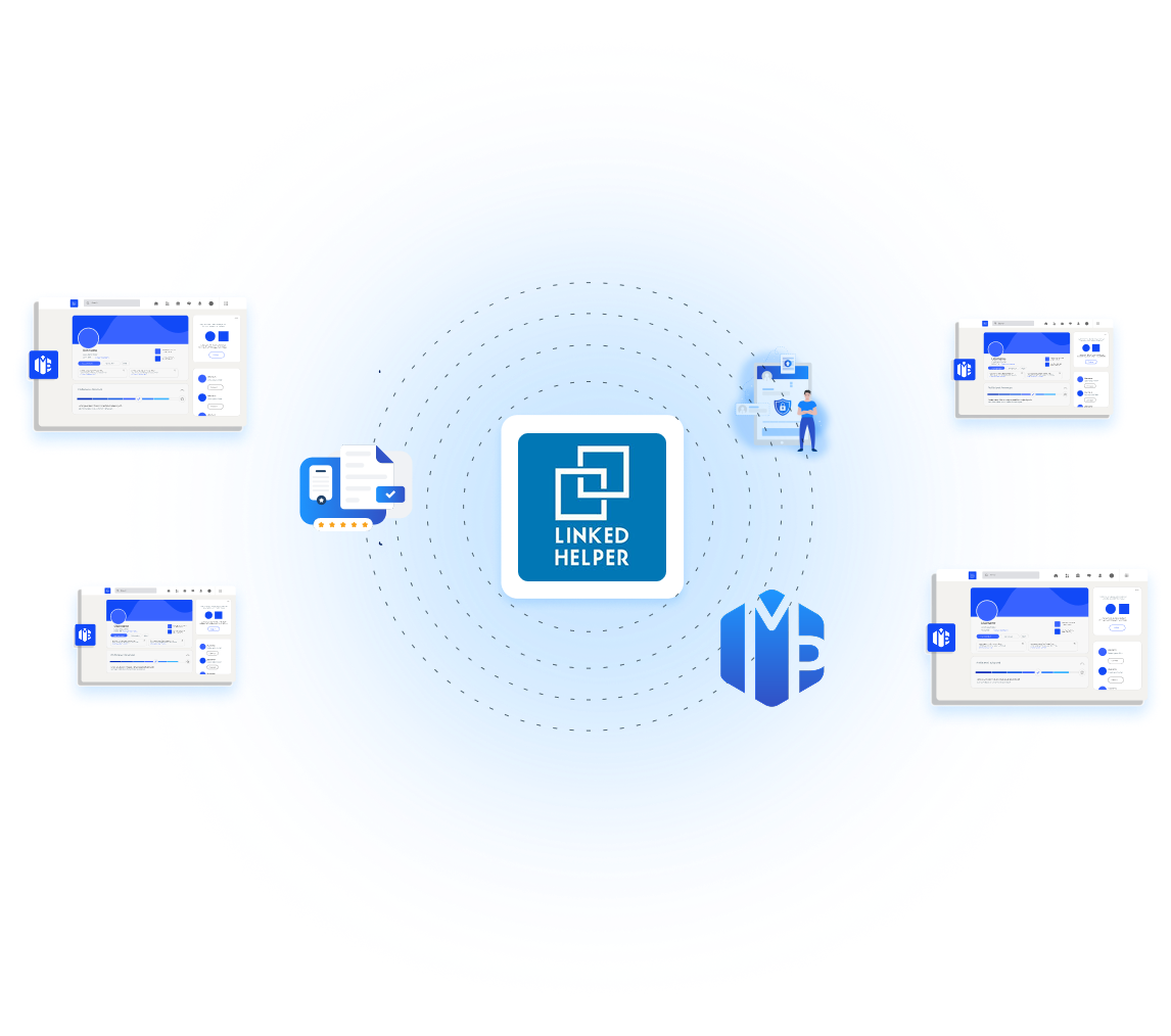 Diagramme montrant le logo Linked Helper au centre, entouré d'icônes de profils d'utilisateurs, de documents et de gestion de données, illustrant un réseau d'outils d'automatisation LinkedIn intégrés.