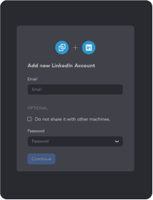 Une interface de formulaire pour ajouter un nouveau compte LinkedIn, comprenant des champs pour l'e-mail et le mot de passe, et une option pour ne pas partager avec d'autres machines.