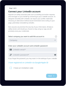Capture d'écran d'une page de connexion de compte LinkedIn invitant l'utilisateur à sélectionner une entreprise, à saisir les informations d'identification LinkedIn et éventuellement à saisir un code d'invitation avant de continuer.