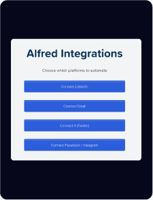 Un écran d'interface logicielle intitulé « Alfred Integrations » avec quatre boutons bleus pour connecter les plateformes LinkedIn, Email, X (Twitter) et Facebook/Instagram.