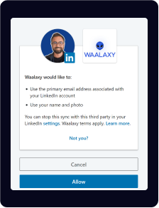 Invite d'autorisation de compte LinkedIn pour Waalaxy, demandant l'accès à l'adresse e-mail, au nom et à la photo, avec des options pour autoriser ou annuler.