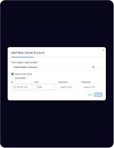 Un formulaire Web intitulé « Ajouter un nouveau compte social » avec des champs pour l'IP, le port, le nom d'utilisateur et le mot de passe, affichant des exemples d'entrées et des options pour les paramètres proxy.