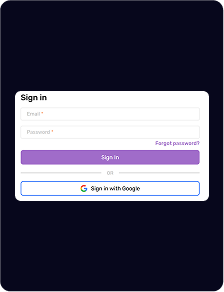 Un formulaire de connexion avec des champs pour l'e-mail et le mot de passe, un bouton violet « Connexion », un lien « Mot de passe oublié ? » et un bouton « Connexion avec Google ».