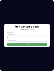 Écran de connexion avec des champs pour l'adresse e-mail et le mot de passe, un lien « Mot de passe oublié ? » et un bouton vert « Connexion » sur fond sombre.