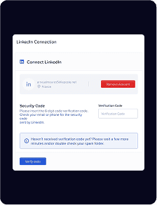 Un écran de vérification de connexion LinkedIn invitant l'utilisateur à saisir un code de sécurité à six chiffres, avec des options pour supprimer le compte ou renvoyer le code.