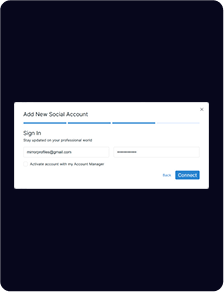 Un formulaire de connexion pour ajouter un nouveau compte social, affichant des champs pour l'e-mail et le mot de passe, avec des options pour activer le compte et se connecter.