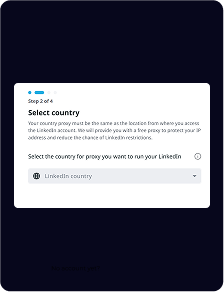 Un écran d'interface de site Web invitant l'utilisateur à sélectionner un pays pour un proxy LinkedIn, étiqueté comme l'étape 2 sur 4.