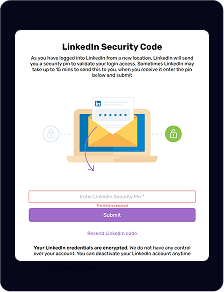 Une invite de code de sécurité LinkedIn demandant aux utilisateurs de saisir un code reçu par e-mail pour vérifier leur connexion, avec des options pour soumettre ou renvoyer le code.