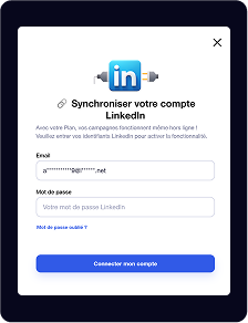 Un écran de connexion LinkedIn en français invitant l'utilisateur à saisir son email et son mot de passe pour synchroniser son compte LinkedIn.