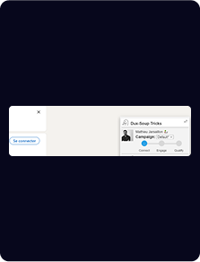 Un écran d'interface utilisateur affiche une carte de profil intitulée « Dux-Soup Tricks » avec les détails du profil et un bouton « Se connecter » sur la gauche.