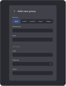 Une interface à thème sombre pour ajouter un nouveau proxy, affichant des champs pour la sélection du protocole, l'IP/nom d'hôte, les ports et le login, le mot de passe et le nom facultatifs.
