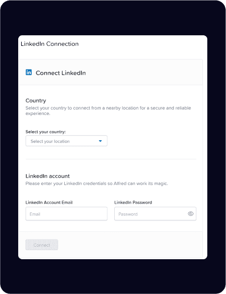 Un formulaire intitulé « Connexion LinkedIn » invitant les utilisateurs à sélectionner leur pays et à saisir l'adresse e-mail et le mot de passe de leur compte LinkedIn pour connecter leur compte.