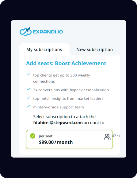 Un écran d'abonnement pour Expandi.io affiche « Ajouter des sièges : booster les réalisations » et répertorie les fonctionnalités, avec un prix de 99,00 $ par siège et par mois.