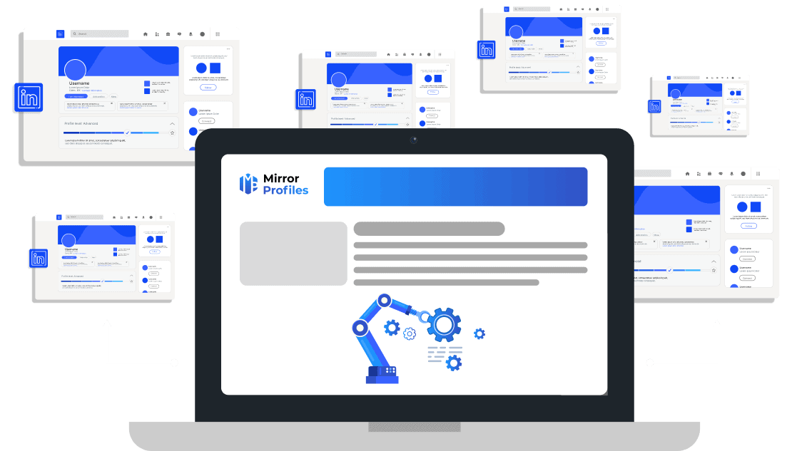 Illustration d'un ordinateur portable affichant une page Web intitulée « Profils miroirs » avec une icône de bras robotique, entourée de pages de profil LinkedIn.