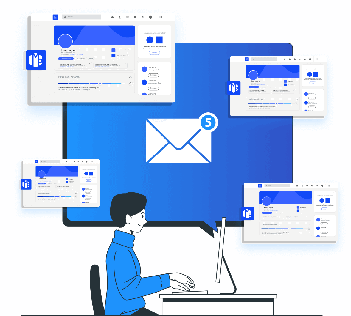 Illustration d'une personne devant un ordinateur avec des notifications par courrier électronique sur plusieurs écrans et une icône de courrier affichant cinq messages non lus.