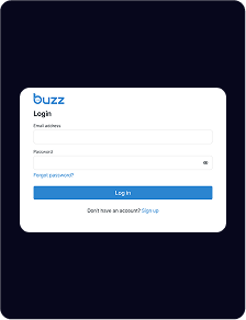 Écran de connexion pour la plateforme « buzz », comportant des champs pour l'adresse e-mail et le mot de passe, un bouton « Connexion » et des liens pour la récupération du mot de passe et la création d'un compte.