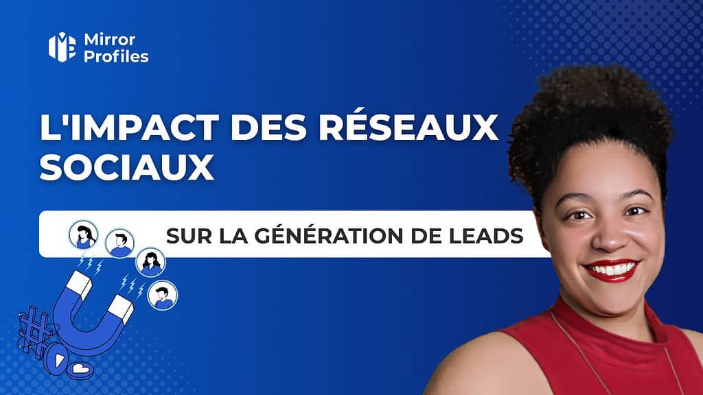 Bannière intitulée « L'Impact des Réseaux Sociaux sur la Génération de Leads » avec une personne souriante et des graphiques illustrant les médias sociaux, la génération de leads et les stratégies pour motiver son équipe commerciale.