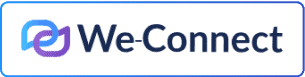 Logo de We-Connect avec des formes bleues et violettes entrelacées à côté du texte « We-Connect ».